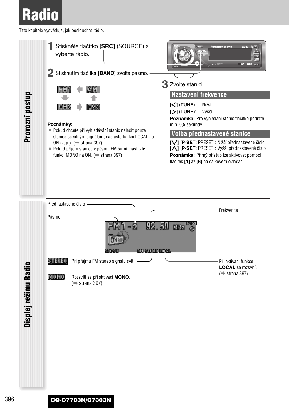 Radio, Displej reïimu radio provozní postup | Panasonic CQC7703N User Manual | Page 18 / 64