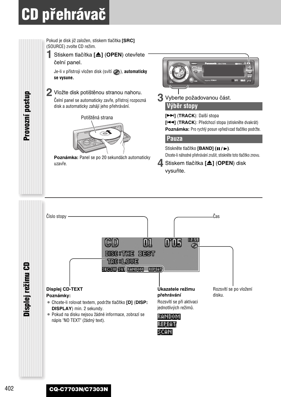 Cd pﬁehrávaã, Provozní postup displej reïimu cd | Panasonic CQC7703N User Manual | Page 24 / 64