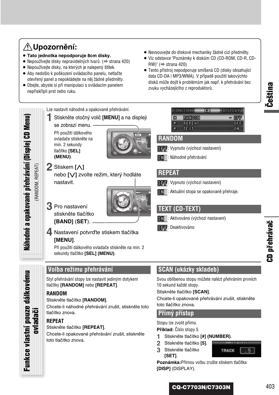 Âe‰tina, Cd pﬁehrávaã upozornûní | Panasonic CQC7703N User Manual | Page 25 / 64
