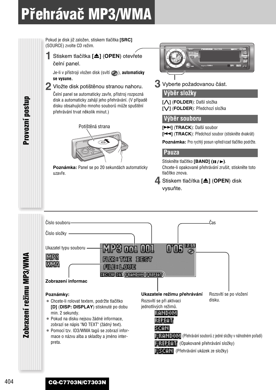 Pﬁehrávaã mp3/wma, Provozní postup, Zobrazení reïimu mp3/wma | Panasonic CQC7703N User Manual | Page 26 / 64