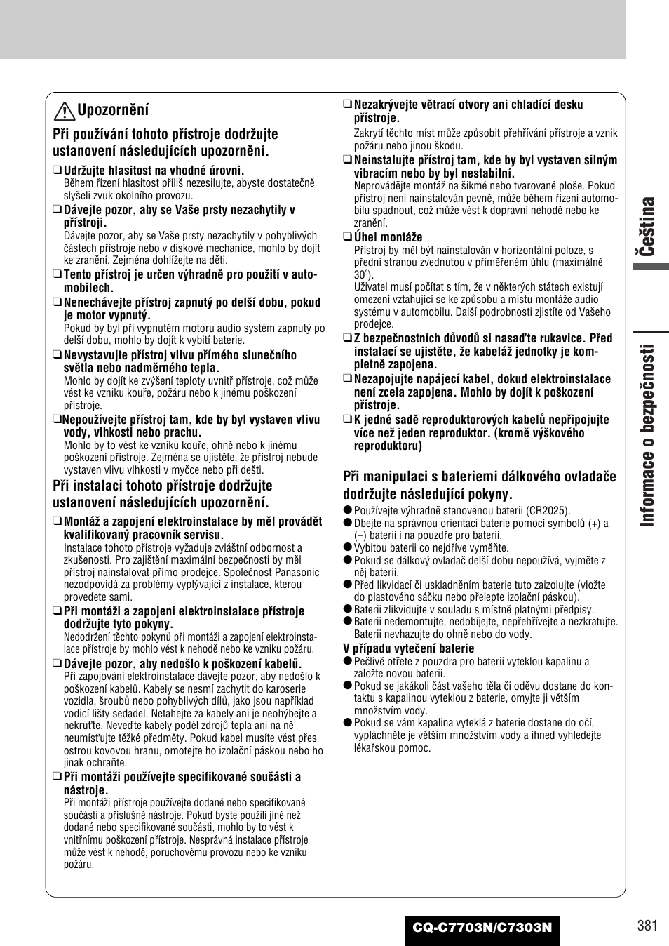 Âe‰tina, Informace o bezpeãnosti, Upozornûní | Panasonic CQC7703N User Manual | Page 3 / 64