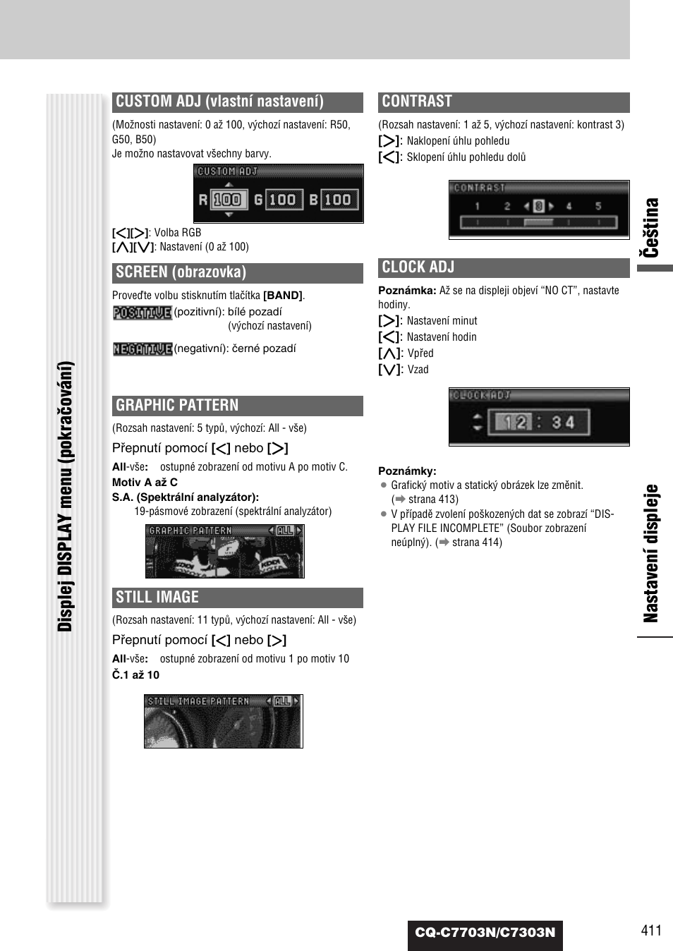 Âe‰tina, Graphic pattern, Custom adj (vlastní nastavení) | Screen (obrazovka), Still image, Contrast, Clock adj | Panasonic CQC7703N User Manual | Page 33 / 64