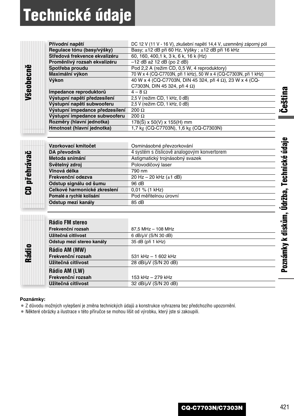 Technické údaje, Âe‰tina, Poznámky k diskûm, údrïba, technické údaje | V‰eobecnû, Cd pﬁehrávaã, Rádio | Panasonic CQC7703N User Manual | Page 43 / 64