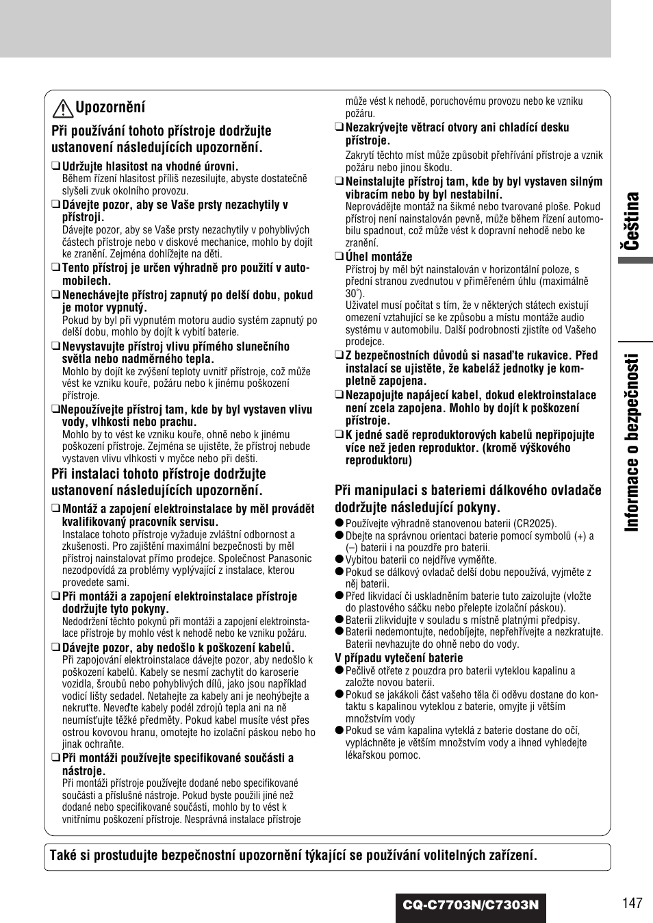 Âe‰tina, Informace o bezpeãnosti, Upozornûní | Panasonic CQC7703N User Manual | Page 49 / 64