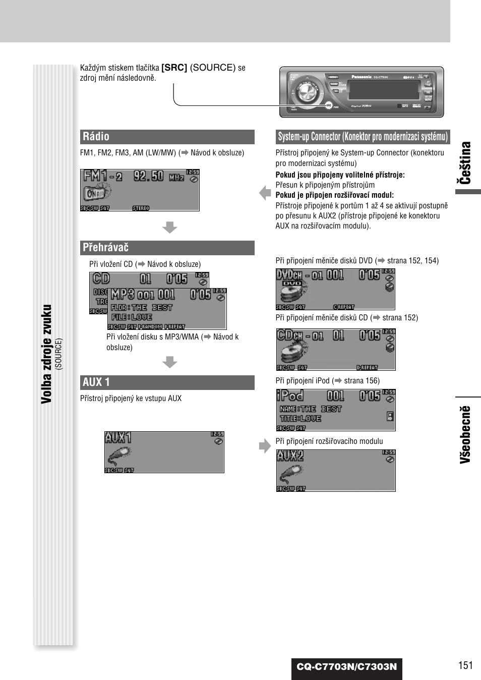 Âe‰tina, Volba zdroje zvuku, V‰eobecnû | Rádio, Pﬁehrávaã, Aux 1 | Panasonic CQC7703N User Manual | Page 53 / 64