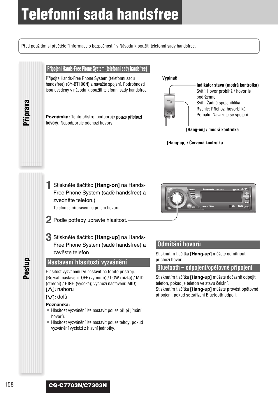 Telefonní sada handsfree, Pﬁíprava, Postup | Panasonic CQC7703N User Manual | Page 60 / 64