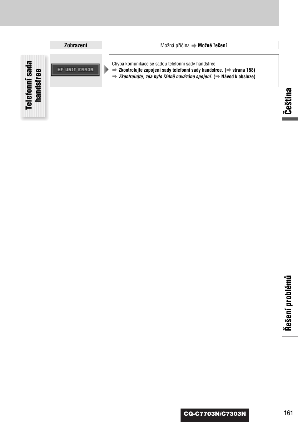 Âe‰tina, Telefonní sada handsfree ¤e‰ení problémû | Panasonic CQC7703N User Manual | Page 63 / 64