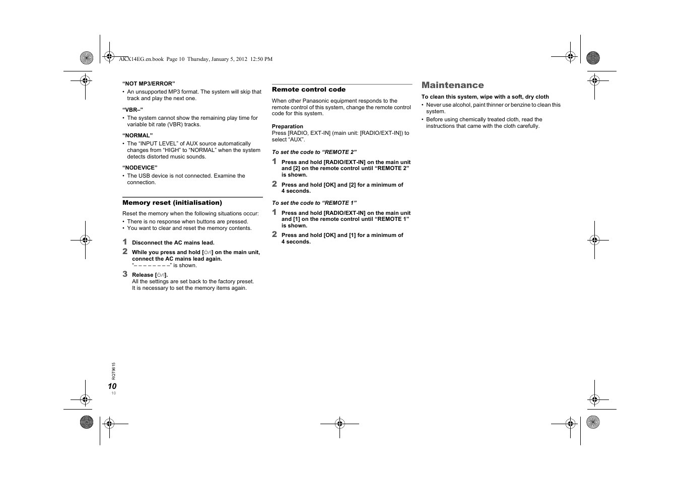 Maintenance | Panasonic SCAKX14EG User Manual | Page 10 / 32