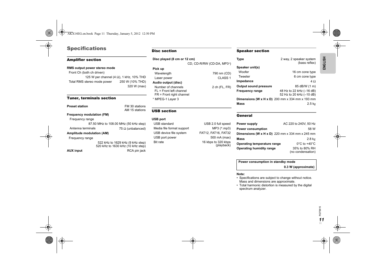 Specifications | Panasonic SCAKX14EG User Manual | Page 11 / 32