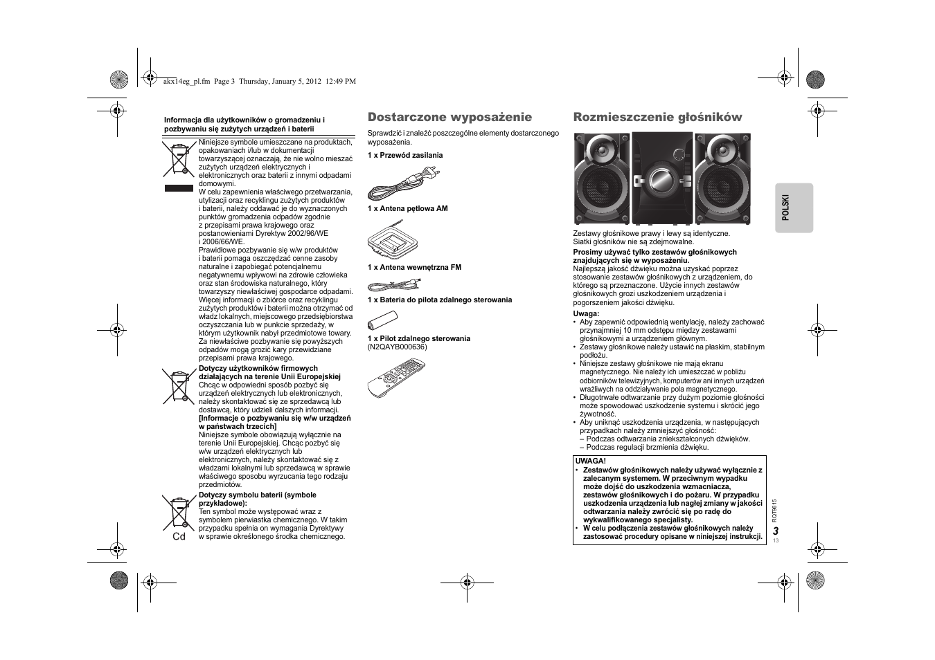 Dostarczone wyposażenie, Rozmieszczenie głośników | Panasonic SCAKX14EG User Manual | Page 13 / 32