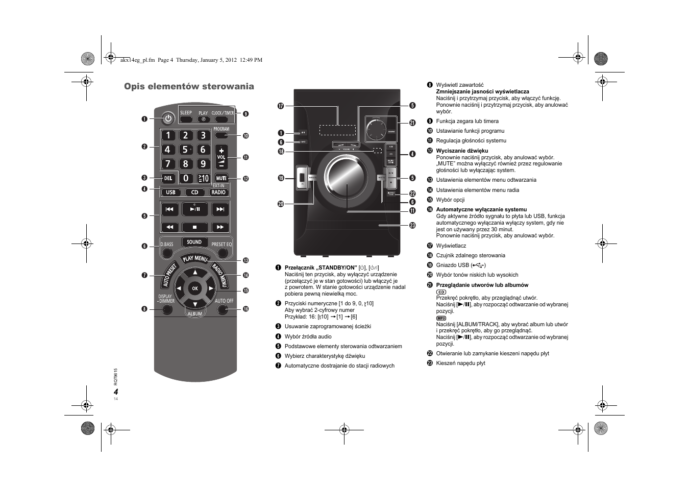 Opis elementów sterowania | Panasonic SCAKX14EG User Manual | Page 14 / 32