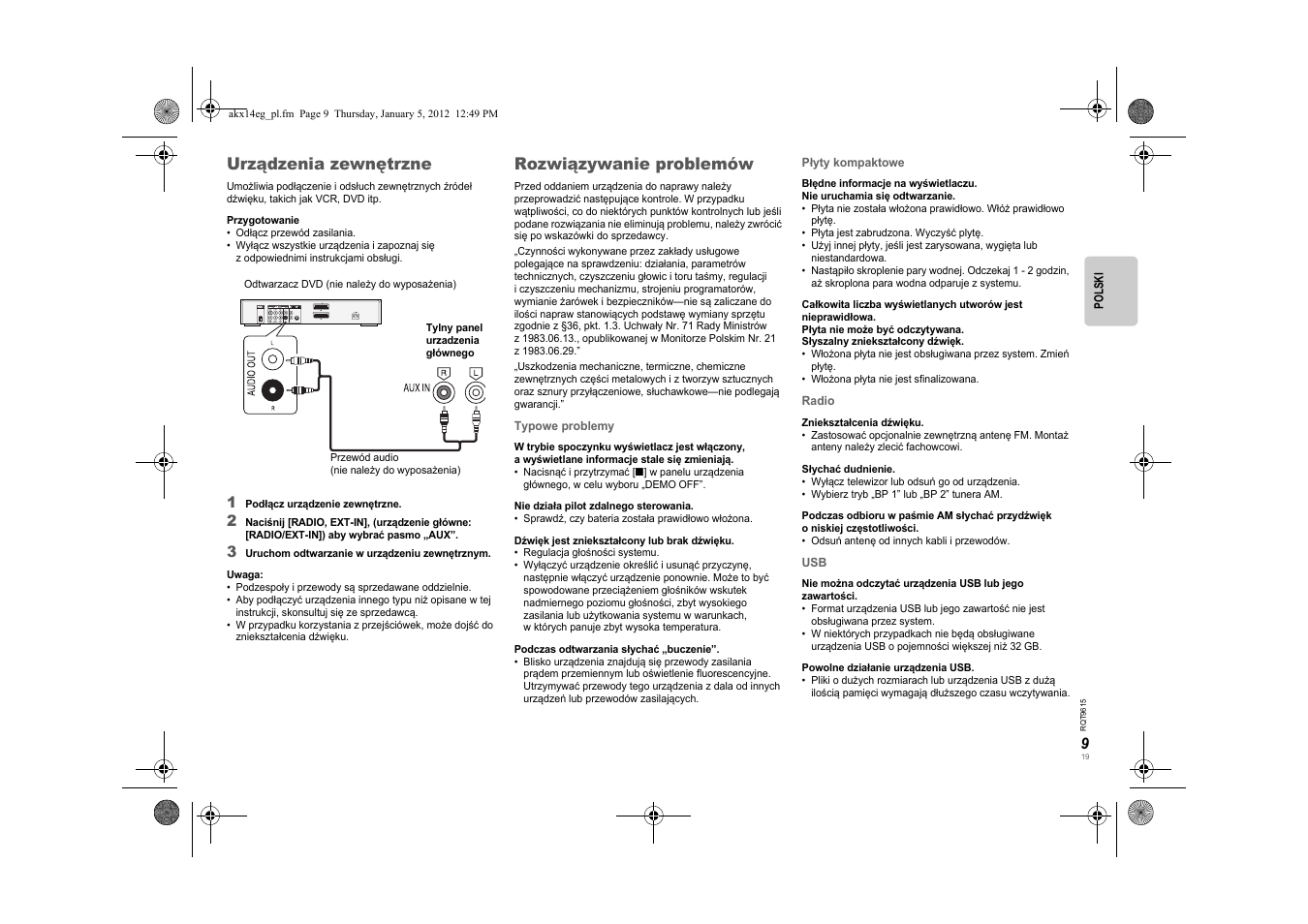 Urządzenia zewnętrzne, Rozwiązywanie problemów | Panasonic SCAKX14EG User Manual | Page 19 / 32