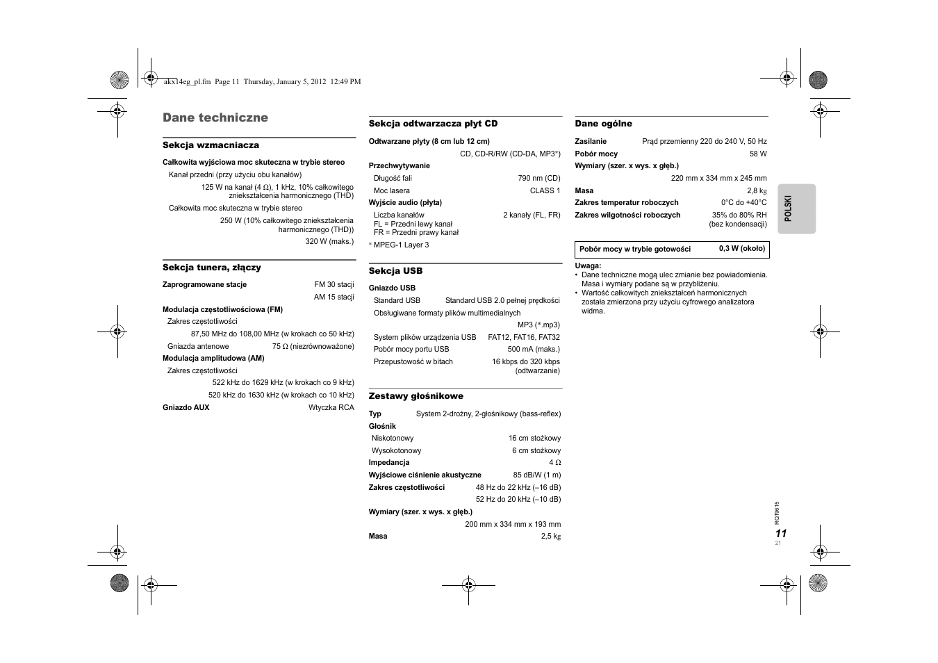 Dane techniczne | Panasonic SCAKX14EG User Manual | Page 21 / 32