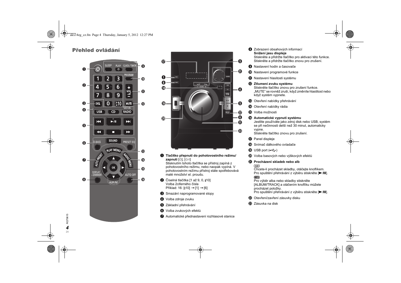 Přehled ovládání | Panasonic SCAKX14EG User Manual | Page 24 / 32