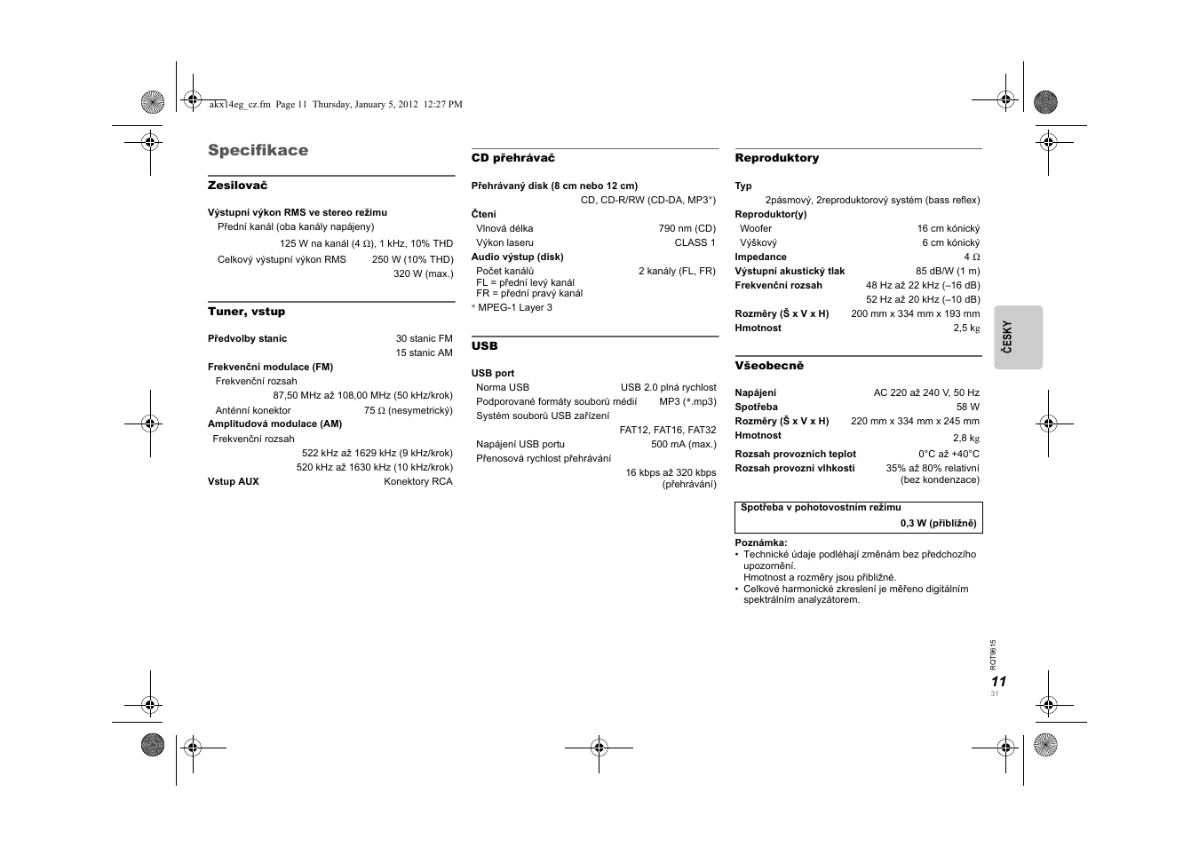 Specifikace | Panasonic SCAKX14EG User Manual | Page 31 / 32