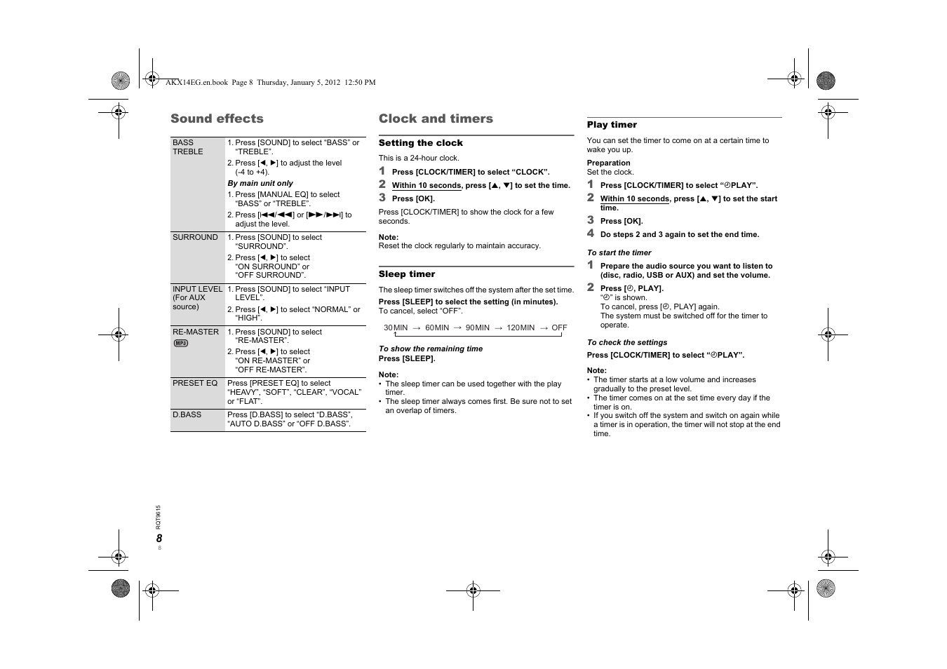 Sound effects clock and timers | Panasonic SCAKX14EG User Manual | Page 8 / 32