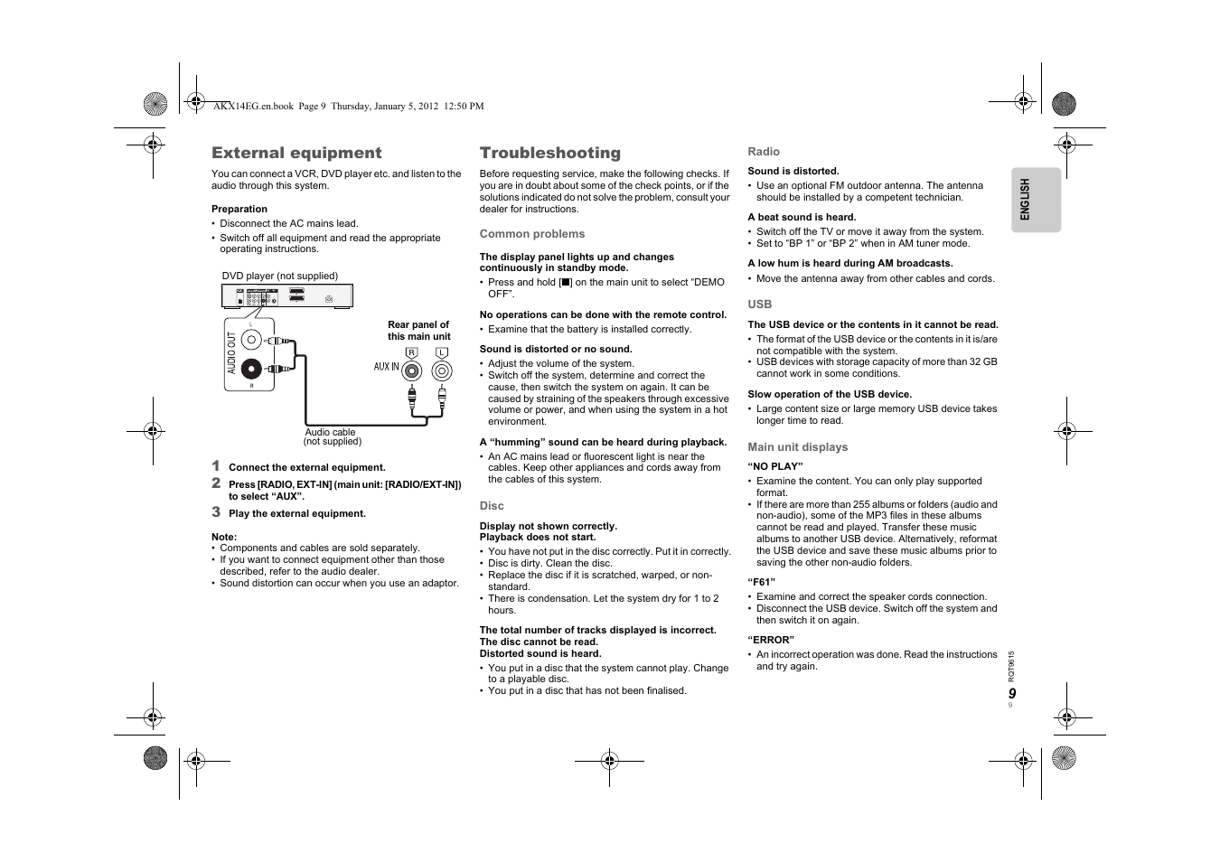 External equipment, Troubleshooting | Panasonic SCAKX14EG User Manual | Page 9 / 32