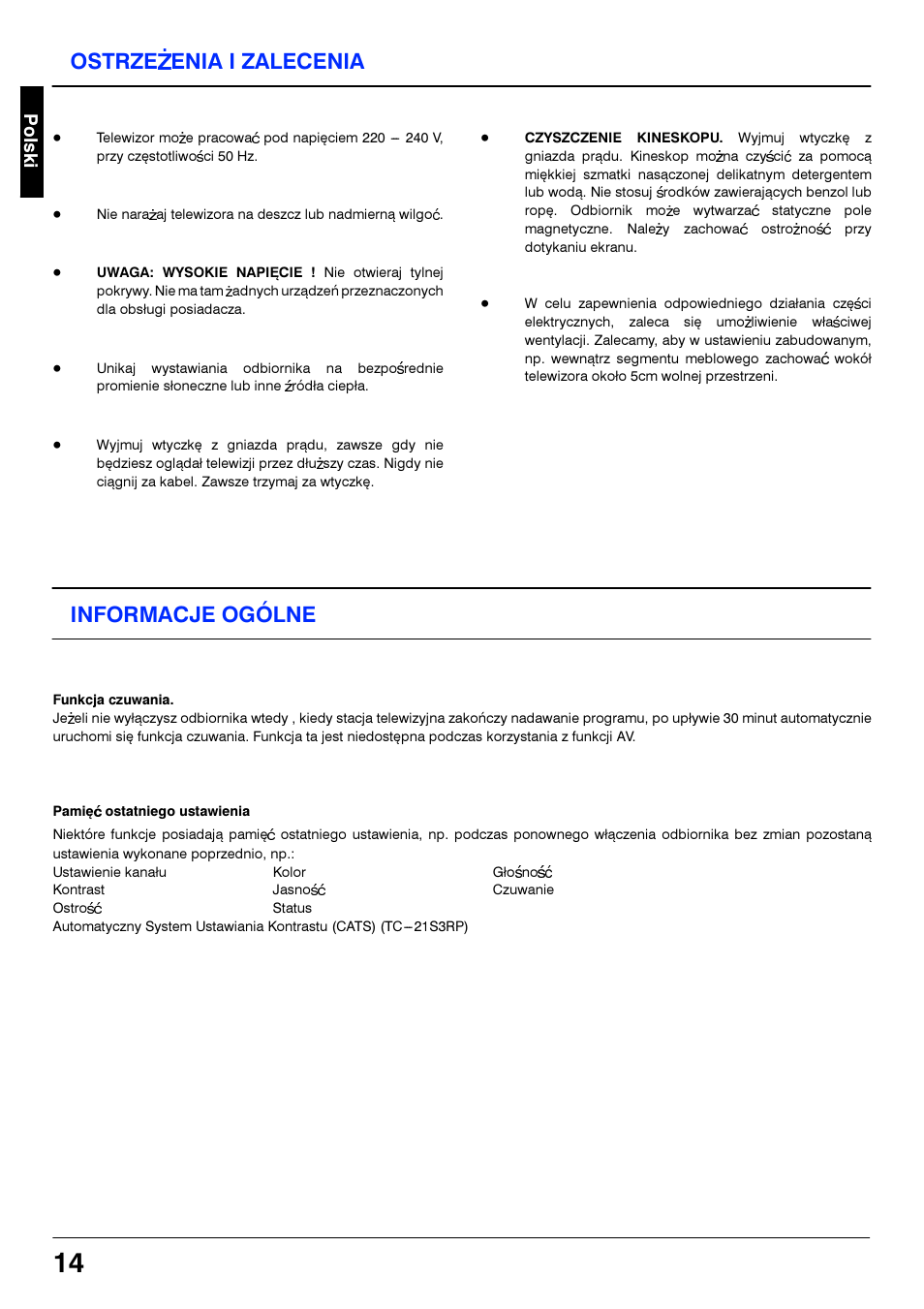 Ostrzezenia i zalecenia, Informacje ogolne, Funkcja czuwania | Pamipc ostatniego ustawienia | Panasonic TC21S3RP User Manual | Page 14 / 36