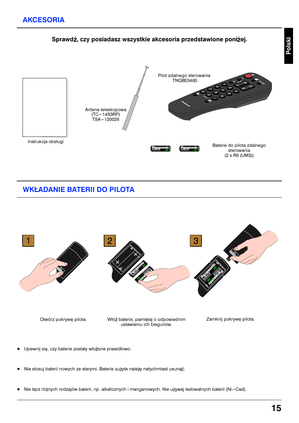 Akcesoria, Wktadanie baterii do pilota | Panasonic TC21S3RP User Manual | Page 15 / 36