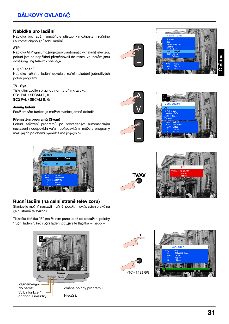Dalkovy ovladac, Nabidka pro ladèni, Ruèni ladèni (na èeini stranè televizoru) | Tv/av | Panasonic TC21S3RP User Manual | Page 31 / 36