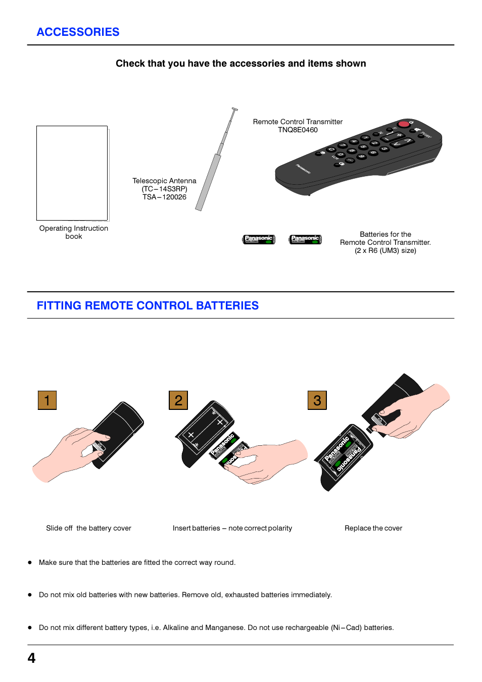 Accessories, Fitting remote control batteries | Panasonic TC21S3RP User Manual | Page 4 / 36