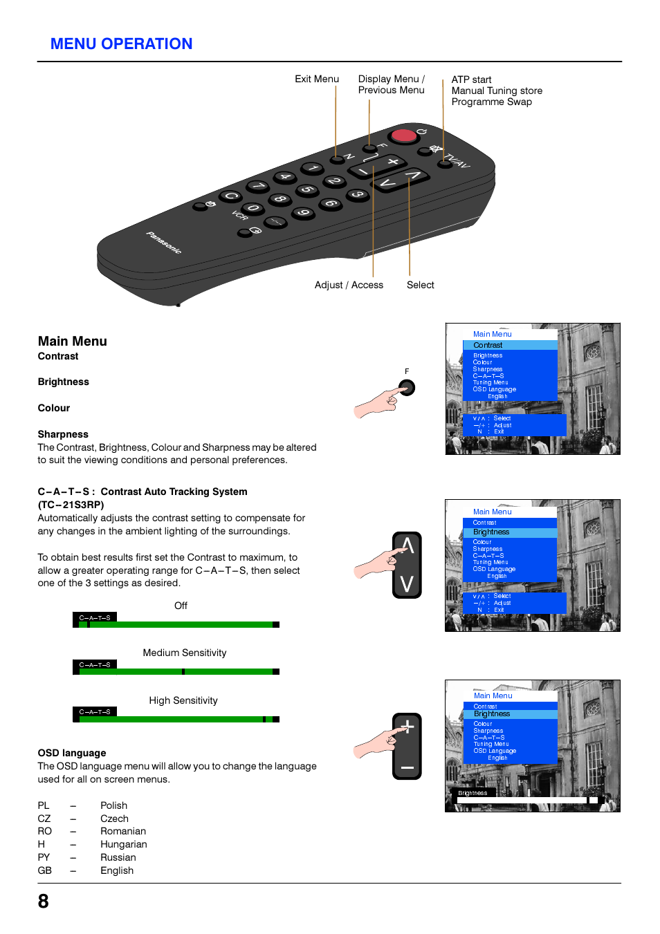 Menu operation, Main menu | Panasonic TC21S3RP User Manual | Page 8 / 36