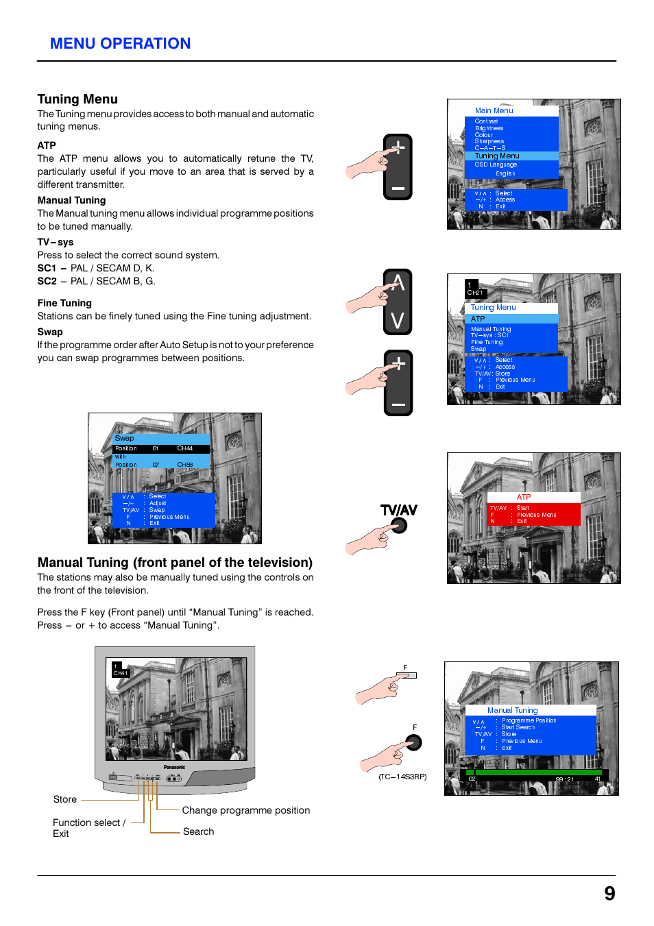 Menu operation, Tuning menu, Manual tuning (front panel of the television) | Tv/av, Ё' ж-ж! i | Panasonic TC21S3RP User Manual | Page 9 / 36