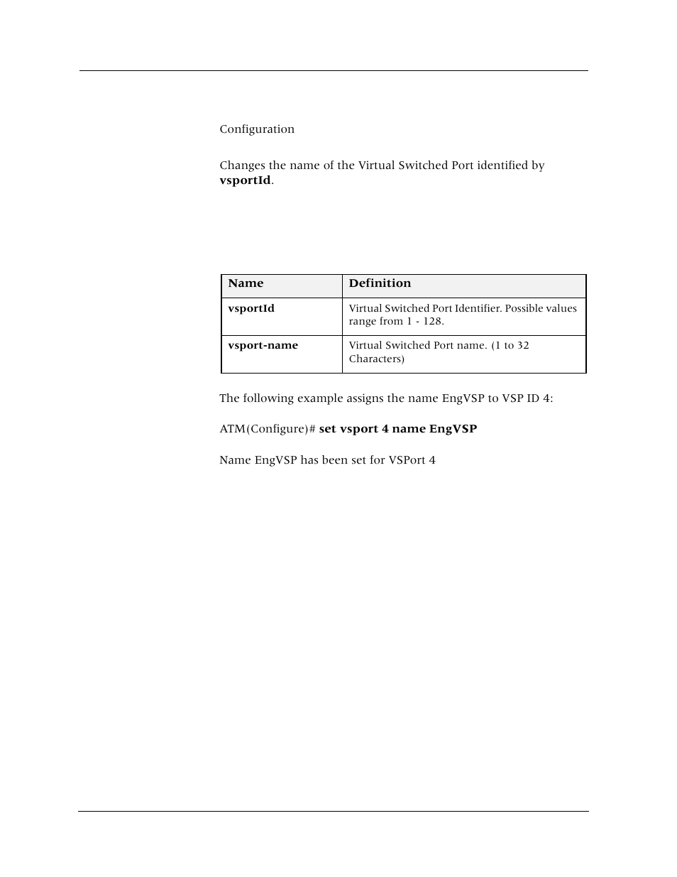Set vsport name, Command mode, Description | Syntax, Sample output | Avaya Cajun P880 User Manual | Page 153 / 162