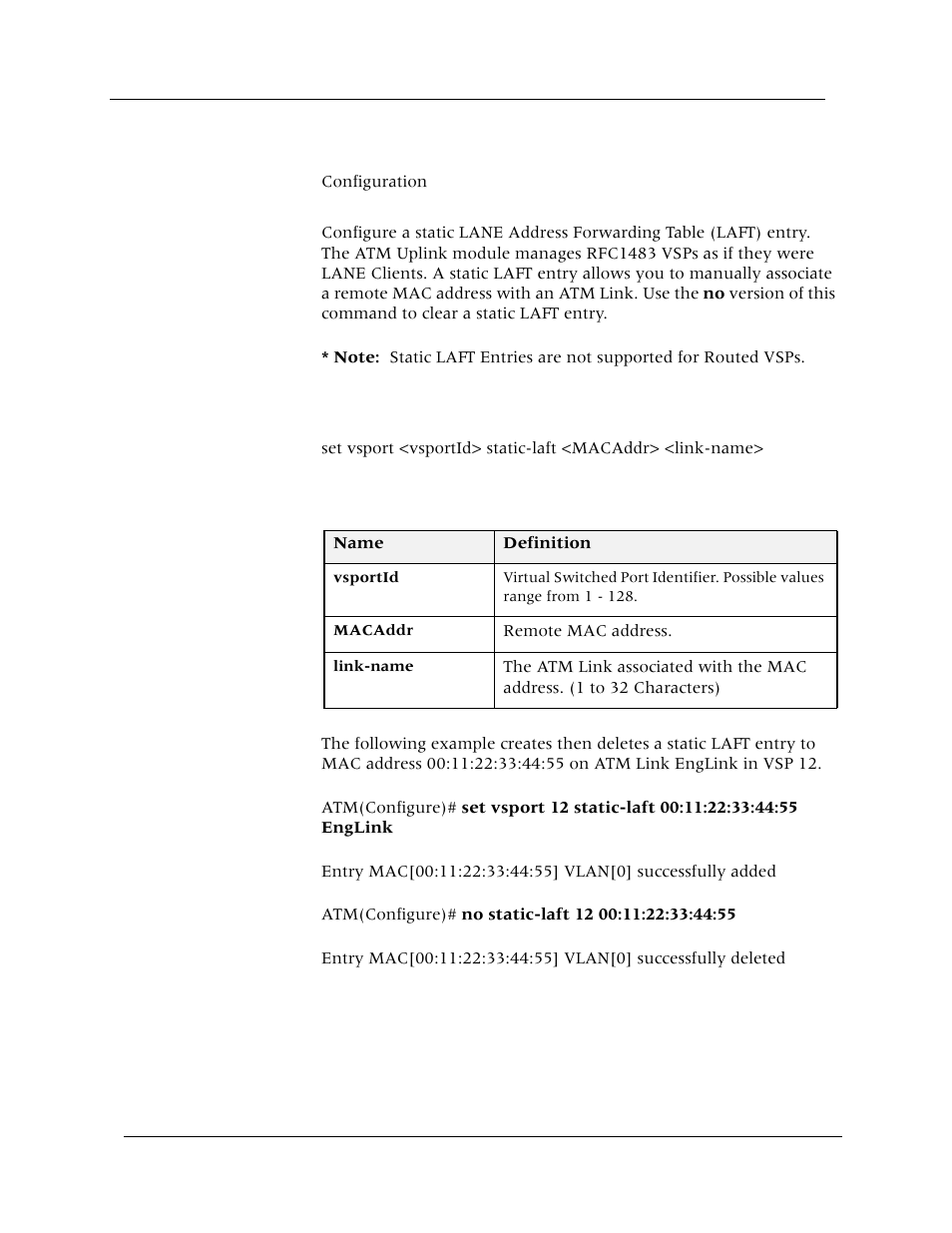 Set vsport static-laft, Command mode, Description | Syntax, Sample output | Avaya Cajun P880 User Manual | Page 154 / 162