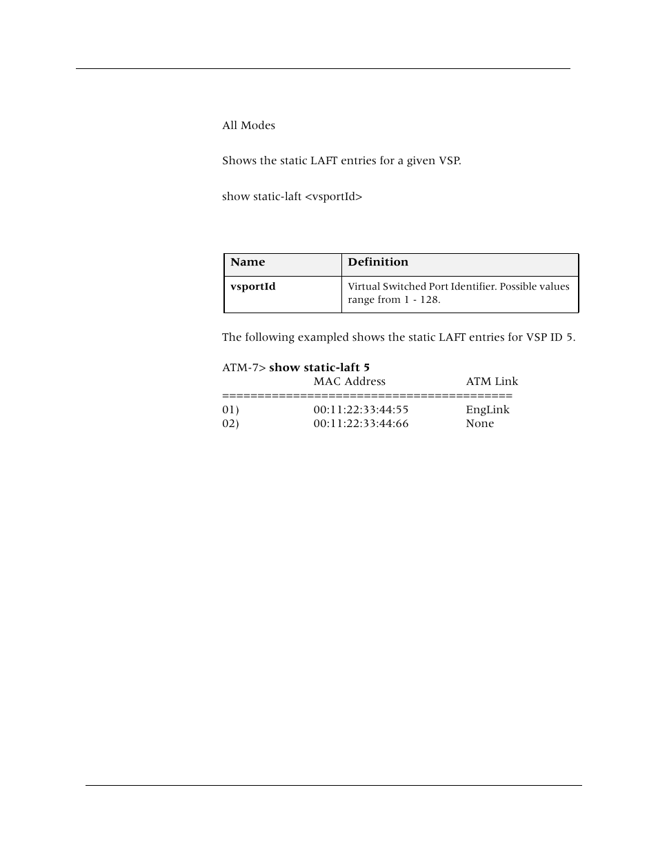 Show static-laft, Command mode, Description | Syntax, Sample output | Avaya Cajun P880 User Manual | Page 156 / 162