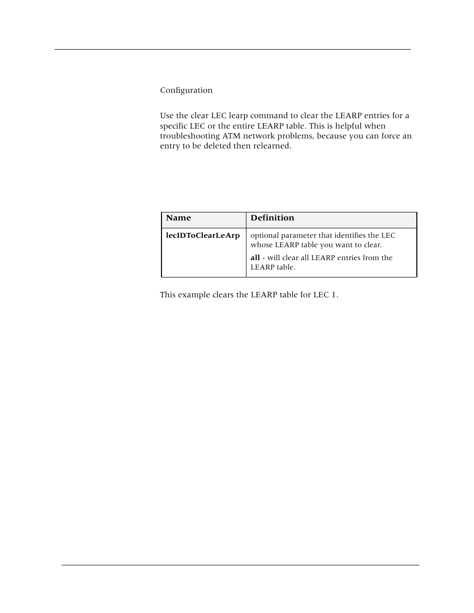 Clear lec learp, Command mode, Description | Syntax, Sample output | Avaya Cajun P880 User Manual | Page 42 / 162