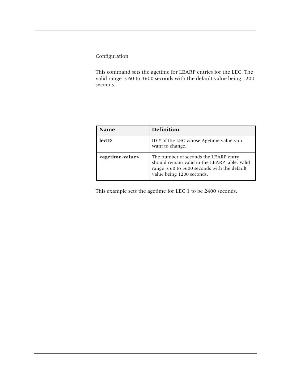 Set lec agetime, Command mode, Description | Syntax, Sample output | Avaya Cajun P880 User Manual | Page 43 / 162