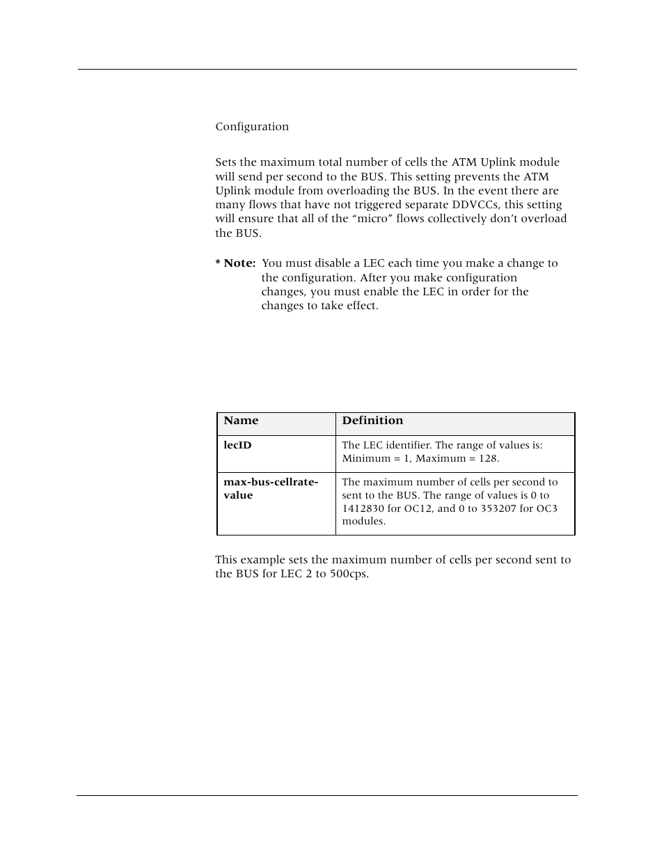Set lec (max-bus-cellrate-value), Command mode, Description | Syntax, Sample output | Avaya Cajun P880 User Manual | Page 47 / 162
