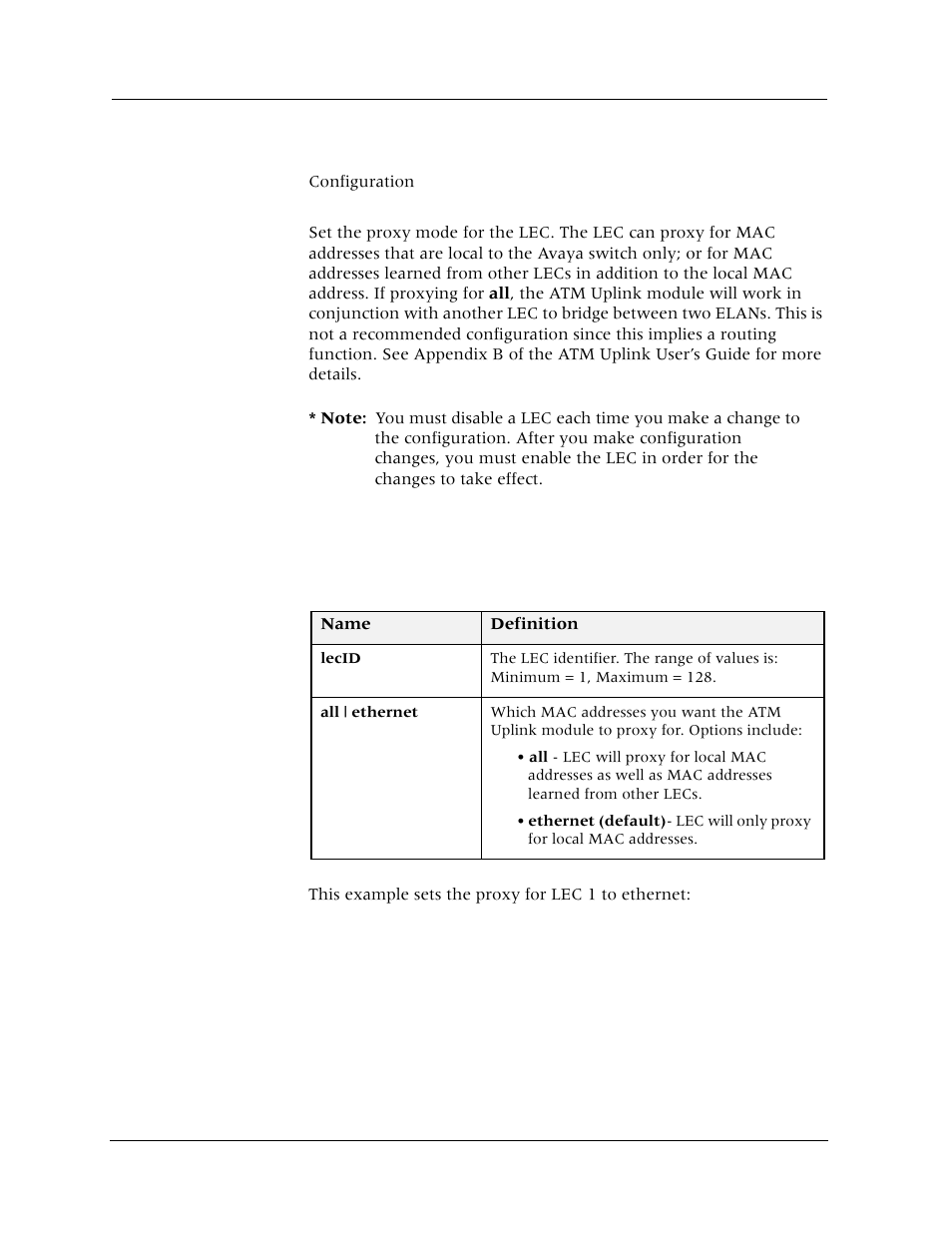 Set lec (proxy), Command mode, Description | Syntax, Sample output | Avaya Cajun P880 User Manual | Page 51 / 162