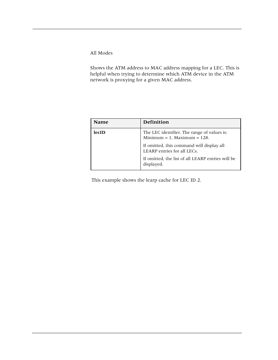 Show lec (learp), Command mode, Description | Syntax, Sample output | Avaya Cajun P880 User Manual | Page 59 / 162