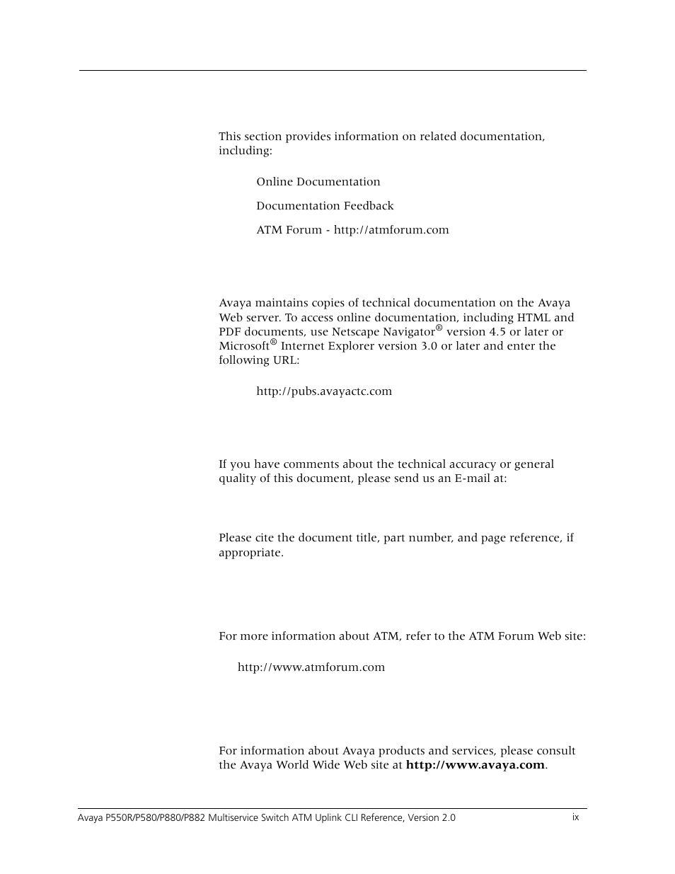 Related documentation, Atm forum, Avaya products and services | Online documentation, Documentation feedback | Avaya Cajun P880 User Manual | Page 9 / 162