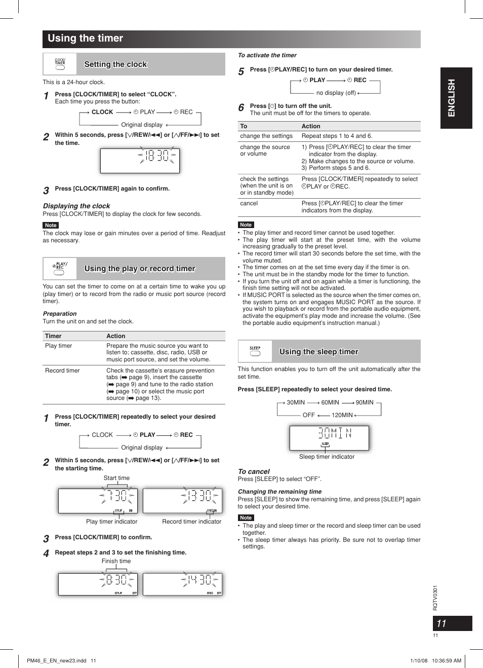 Using the timer, English | Panasonic SCPM46 User Manual | Page 11 / 56