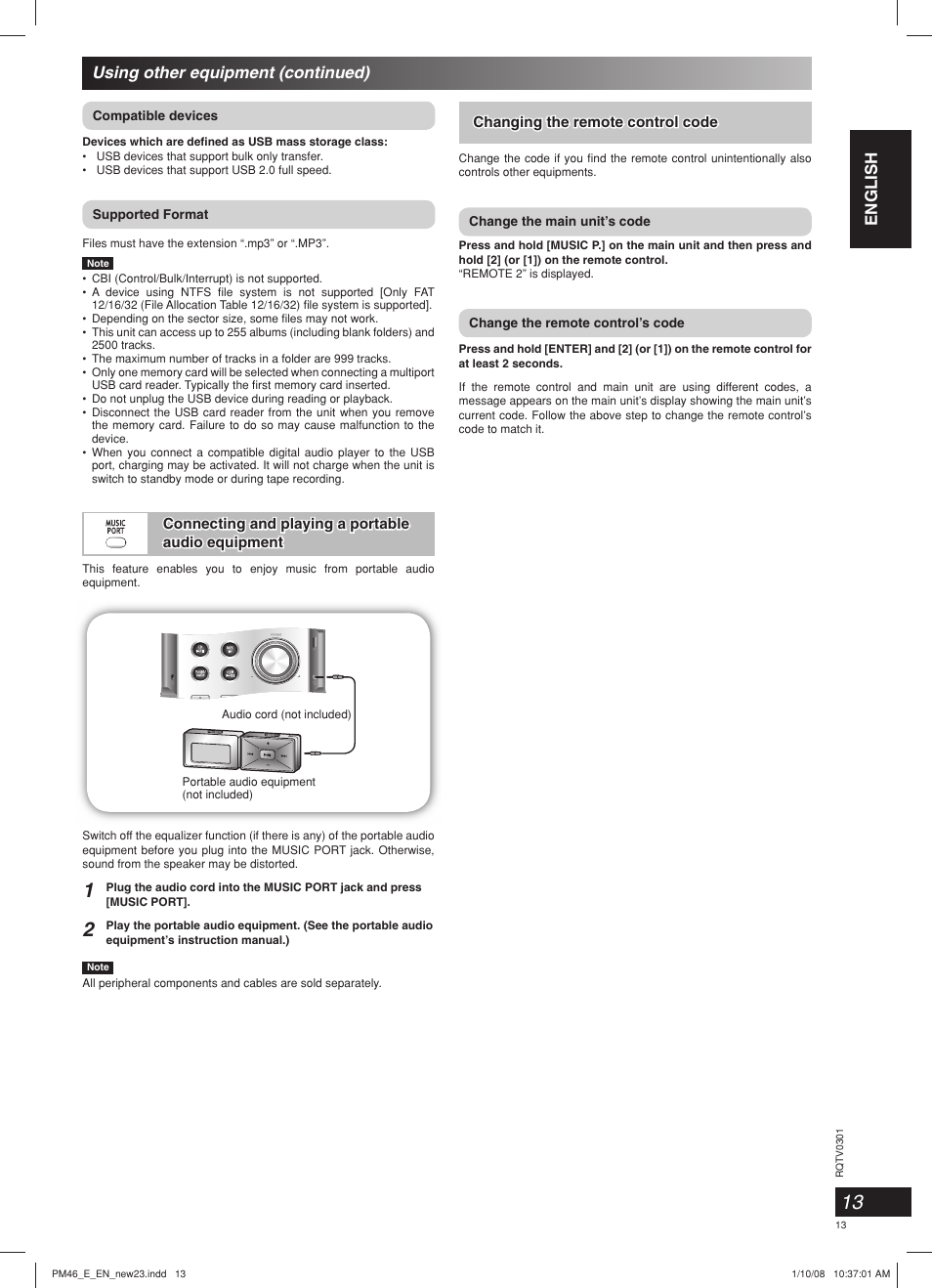 English, Using other equipment (continued) | Panasonic SCPM46 User Manual | Page 13 / 56