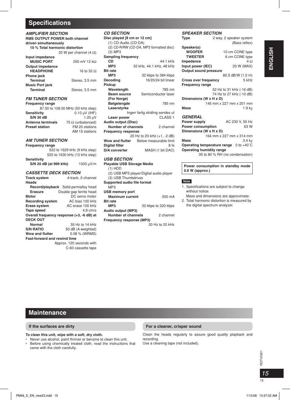 Maintenance, Specifi cations, English | Panasonic SCPM46 User Manual | Page 15 / 56
