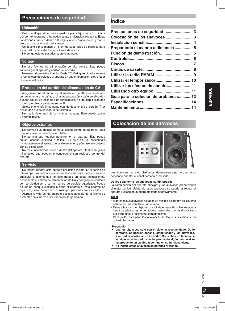 Precauciones de seguridad, Índice, Colocación de los altavoces | Esp añol | Panasonic SCPM46 User Manual | Page 17 / 56