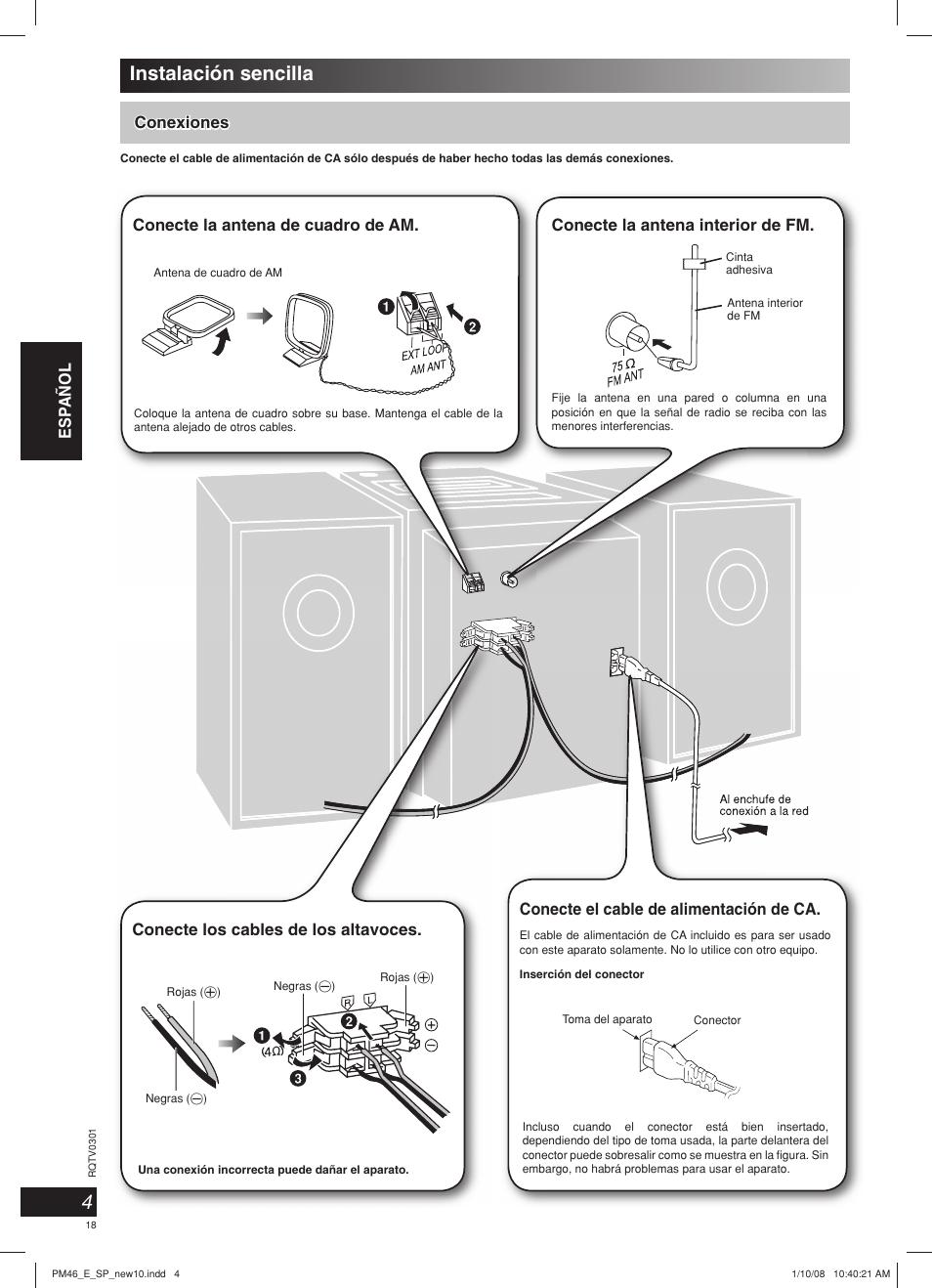 Instalación sencilla, Esp añol, Conexiones | Conecte la antena de cuadro de am, Conecte el cable de alimentación de ca | Panasonic SCPM46 User Manual | Page 18 / 56
