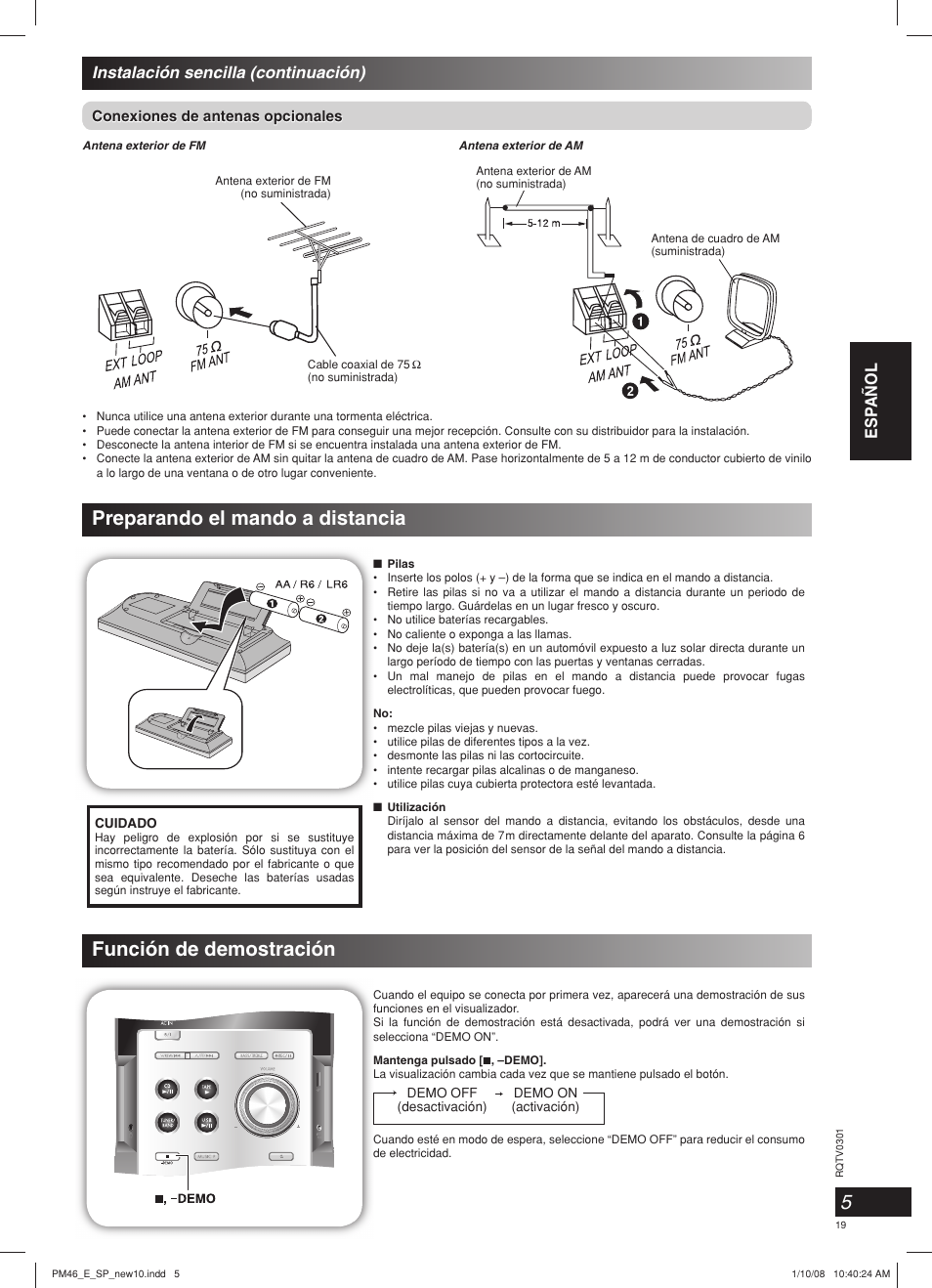 Preparando el mando a distancia, Función de demostración, Esp añol | Instalación sencilla (continuación) | Panasonic SCPM46 User Manual | Page 19 / 56