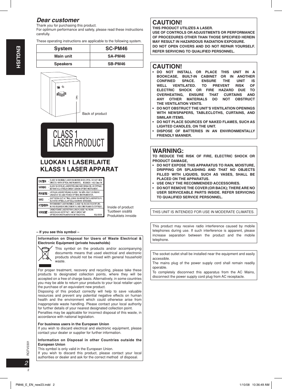 Dear customer, Caution, Warning | English, System sc-pm46 | Panasonic SCPM46 User Manual | Page 2 / 56