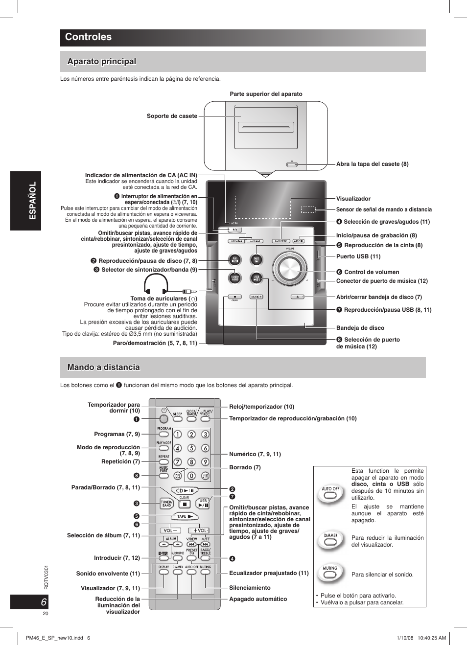 Controles, Esp añol aparato principal aparato principal, Mando a distancia | Panasonic SCPM46 User Manual | Page 20 / 56