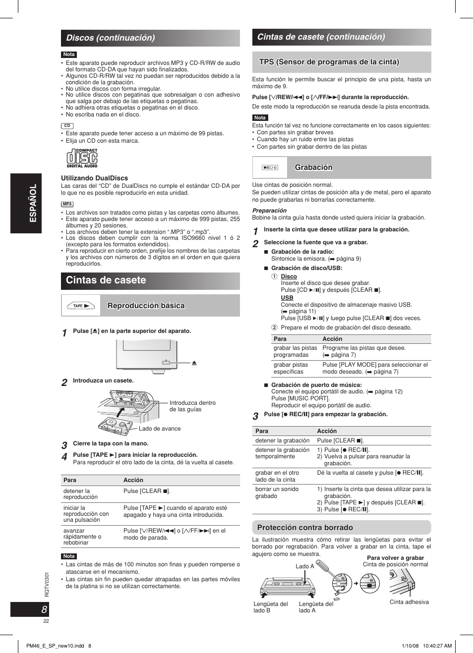Cintas de casete, Esp añol cintas de casete (continuación), Discos (continuación) | Panasonic SCPM46 User Manual | Page 22 / 56