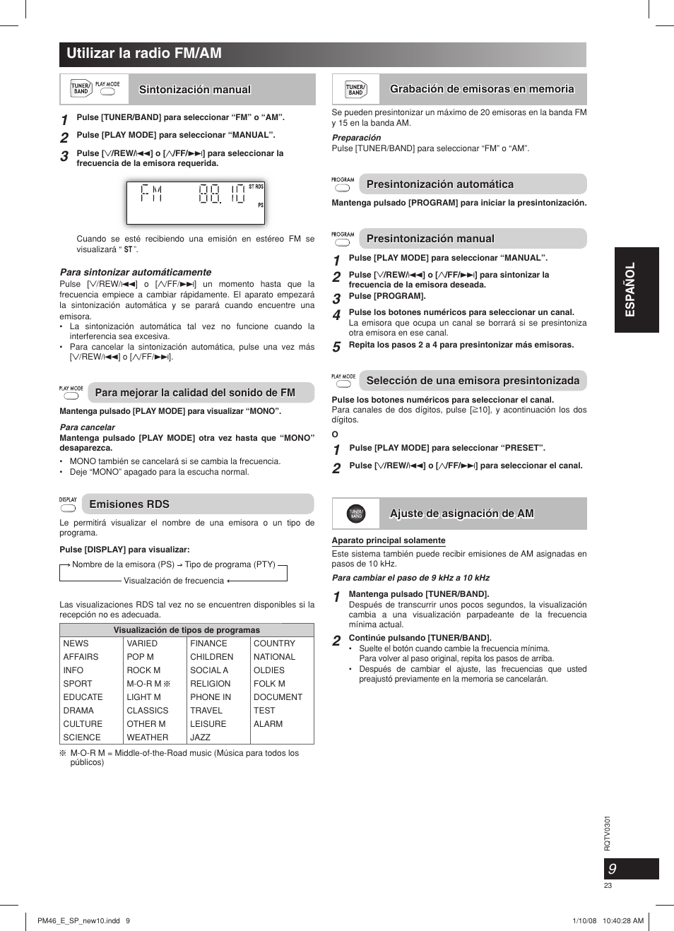 Utilizar la radio fm/am, Esp añol | Panasonic SCPM46 User Manual | Page 23 / 56