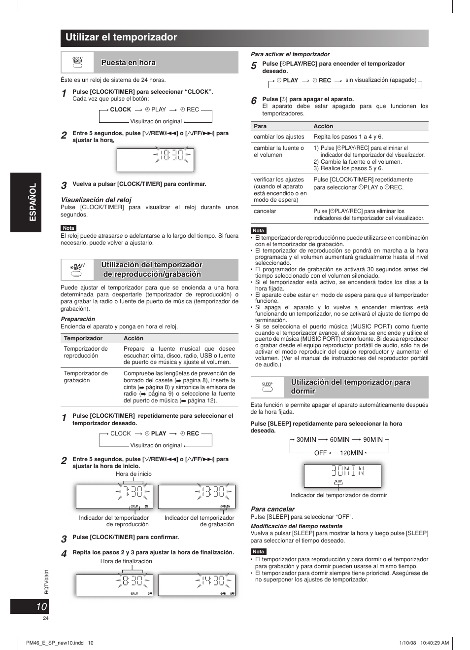 Utilizar el temporizador, Esp añol | Panasonic SCPM46 User Manual | Page 24 / 56