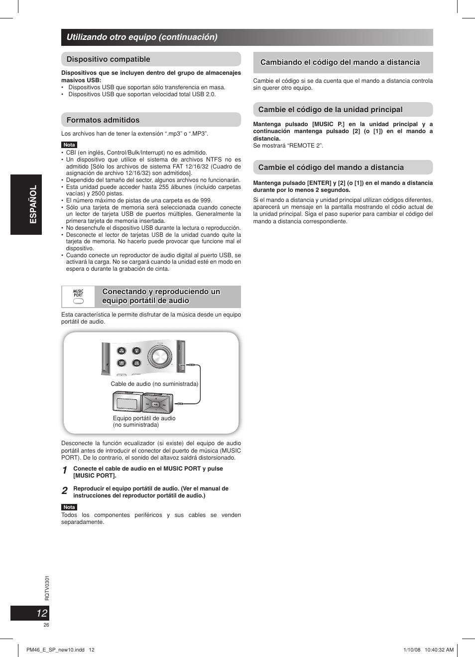 Esp añol, Utilizando otro equipo (continuación) | Panasonic SCPM46 User Manual | Page 26 / 56