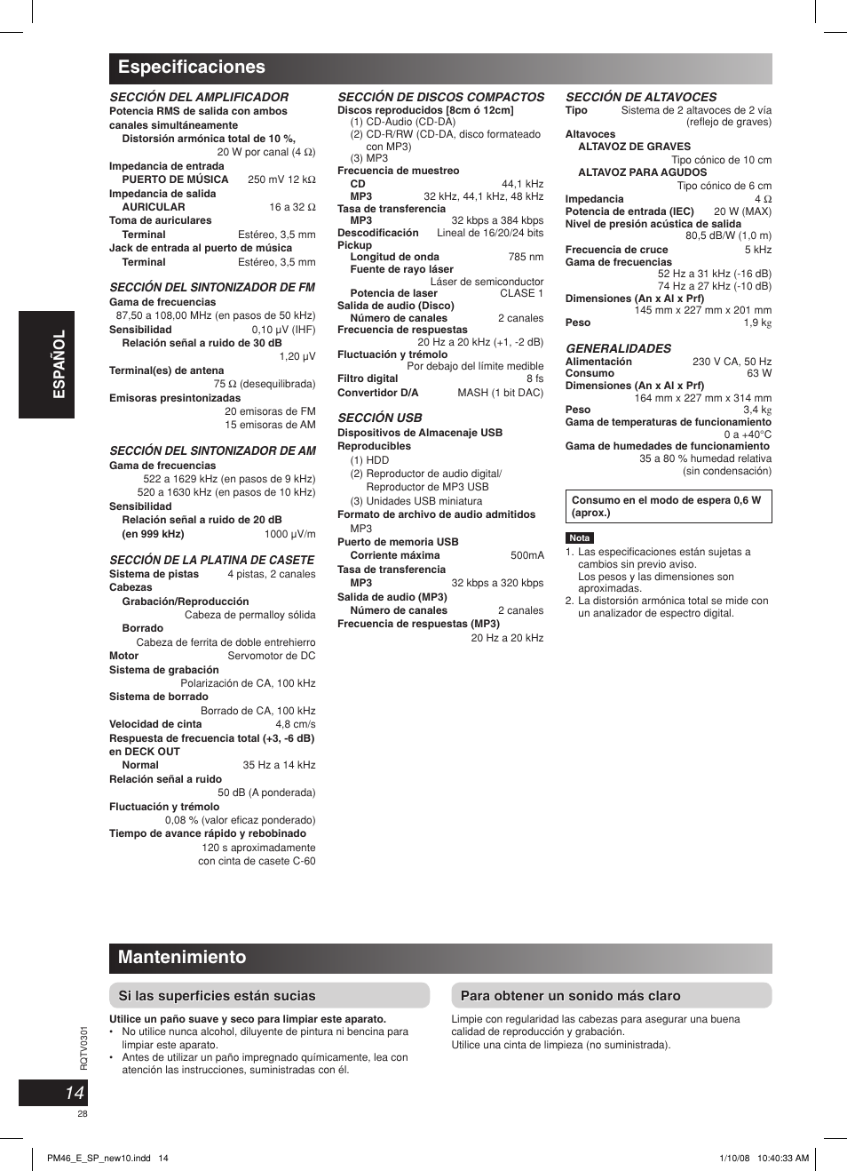 Especifi caciones mantenimiento, Esp añol, Si las superfi cies están sucias | Para obtener un sonido más claro | Panasonic SCPM46 User Manual | Page 28 / 56