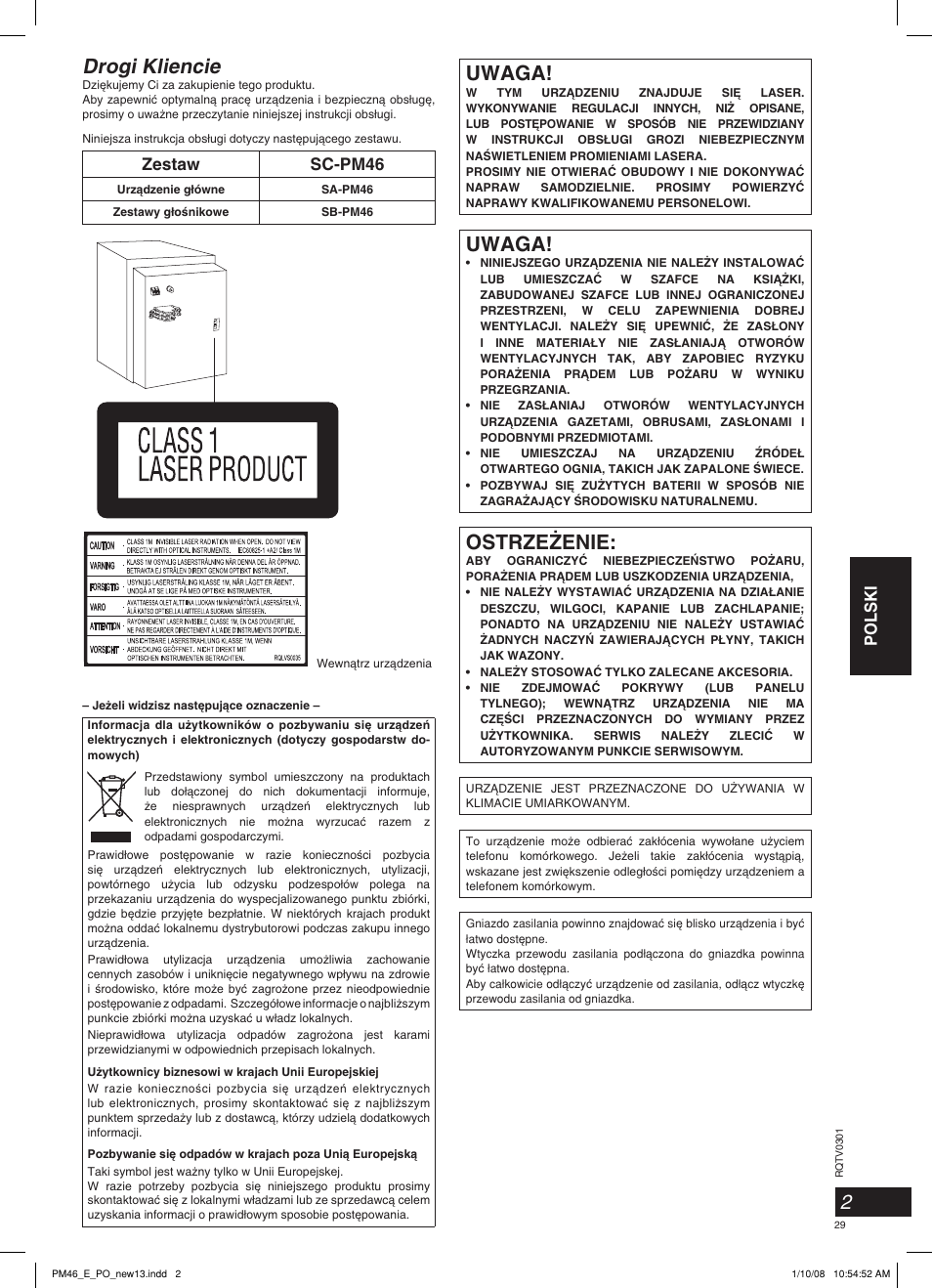 Drogi kliencie, Uwaga, Ostrze˚enie | Polski, Zestaw sc-pm46 | Panasonic SCPM46 User Manual | Page 29 / 56